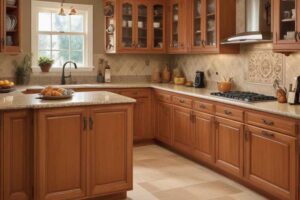 classic kitchen cabinetry in a timeless design and style with quality materials, pane glass in upper cabinets and beautiful countertops and flooring